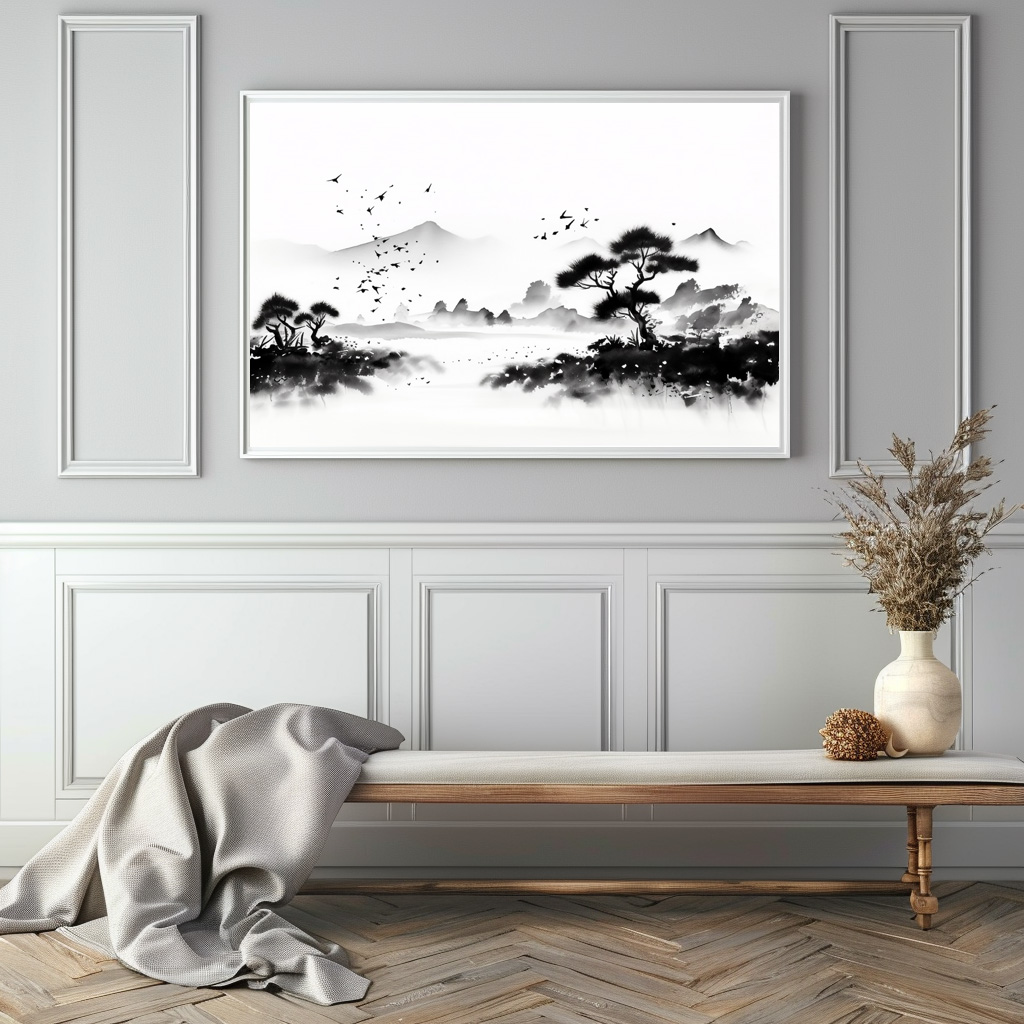 Poster: Landschaft mit Vögeln - japanische Tuschezeichnung - Imagen 2