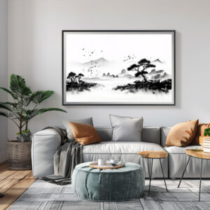 Poster: Landschaft mit Vögeln - japanische Tuschezeichnung