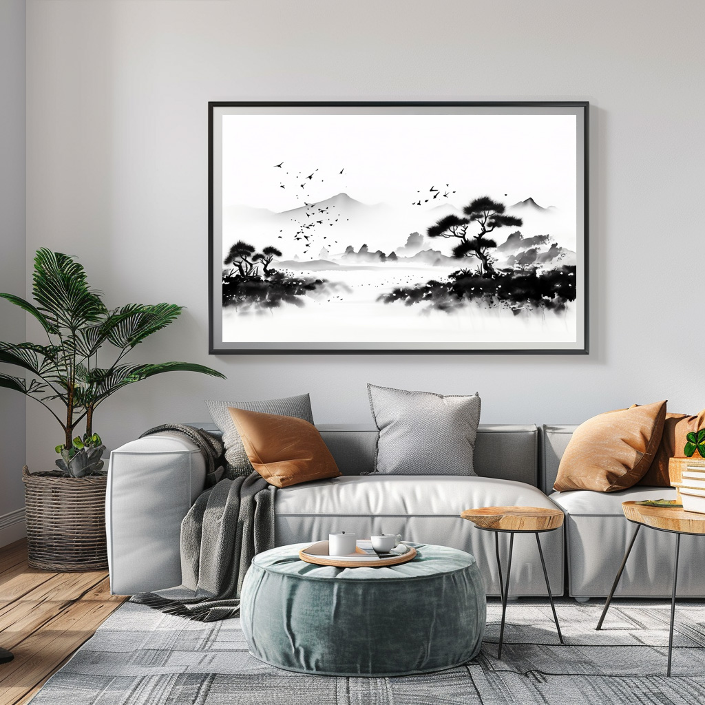 Poster: Landschaft mit Vögeln - japanische Tuschezeichnung