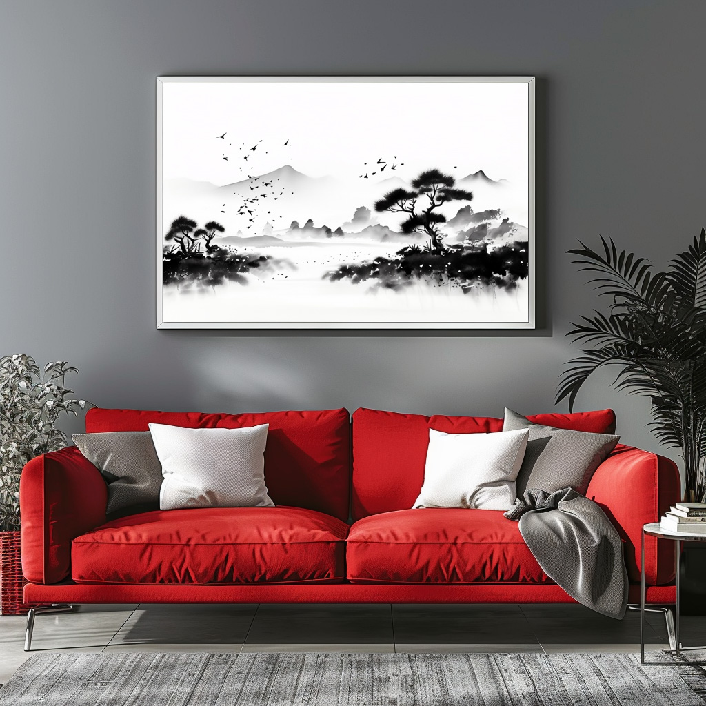 Poster: Landschaft mit Vögeln - japanische Tuschezeichnung - Imagen 3