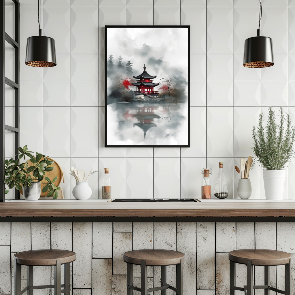 Poster: Roter Tempel im Nebel - japanische Tuschezeichnung - Image 2