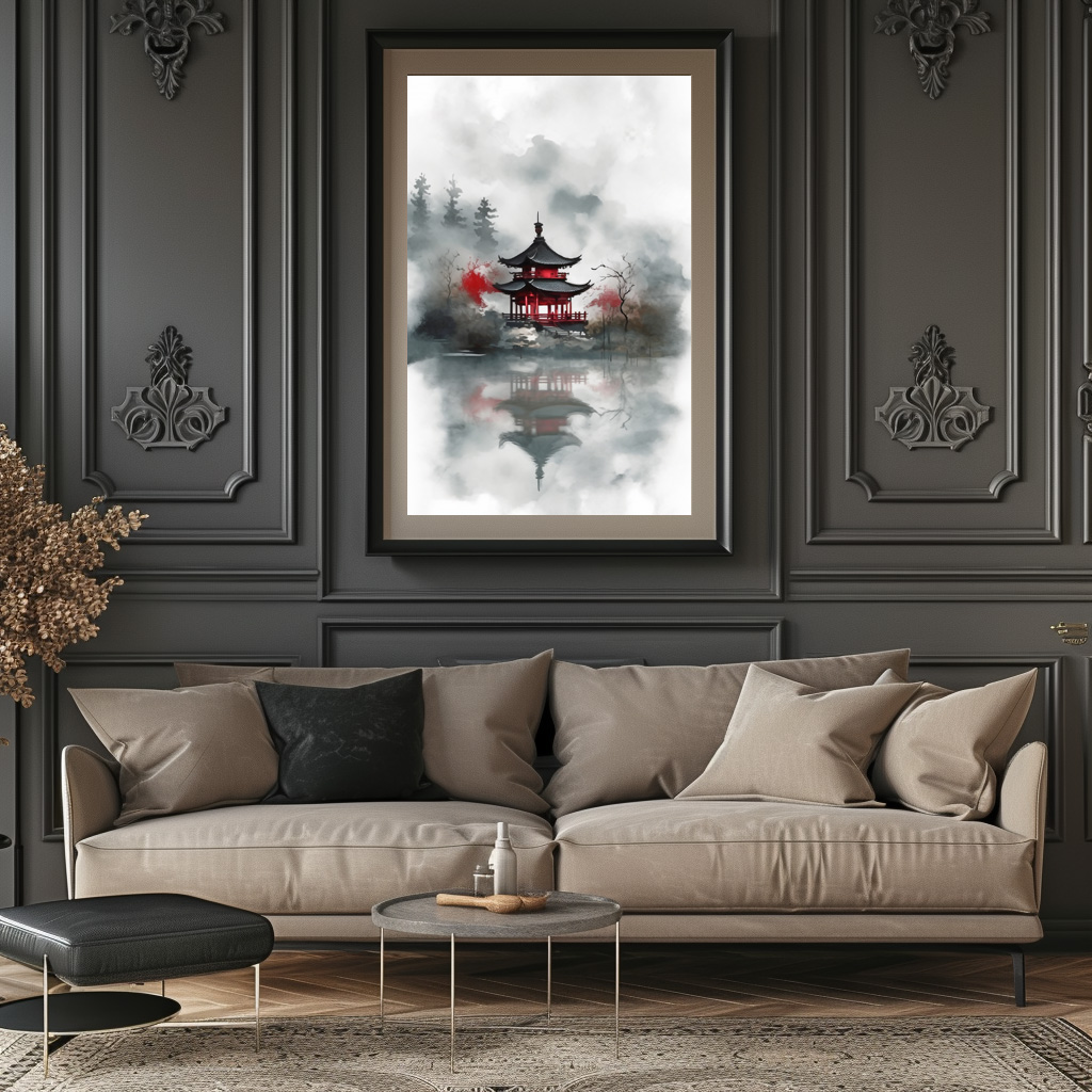 Poster: Roter Tempel im Nebel - japanische Tuschezeichnung - Image 3
