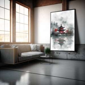 Poster: Roter Tempel im Nebel - japanische Tuschezeichnung