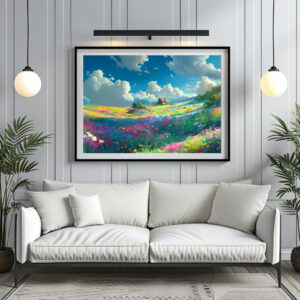 Poster: Weites Blumental mit Wolken - Anime Stil