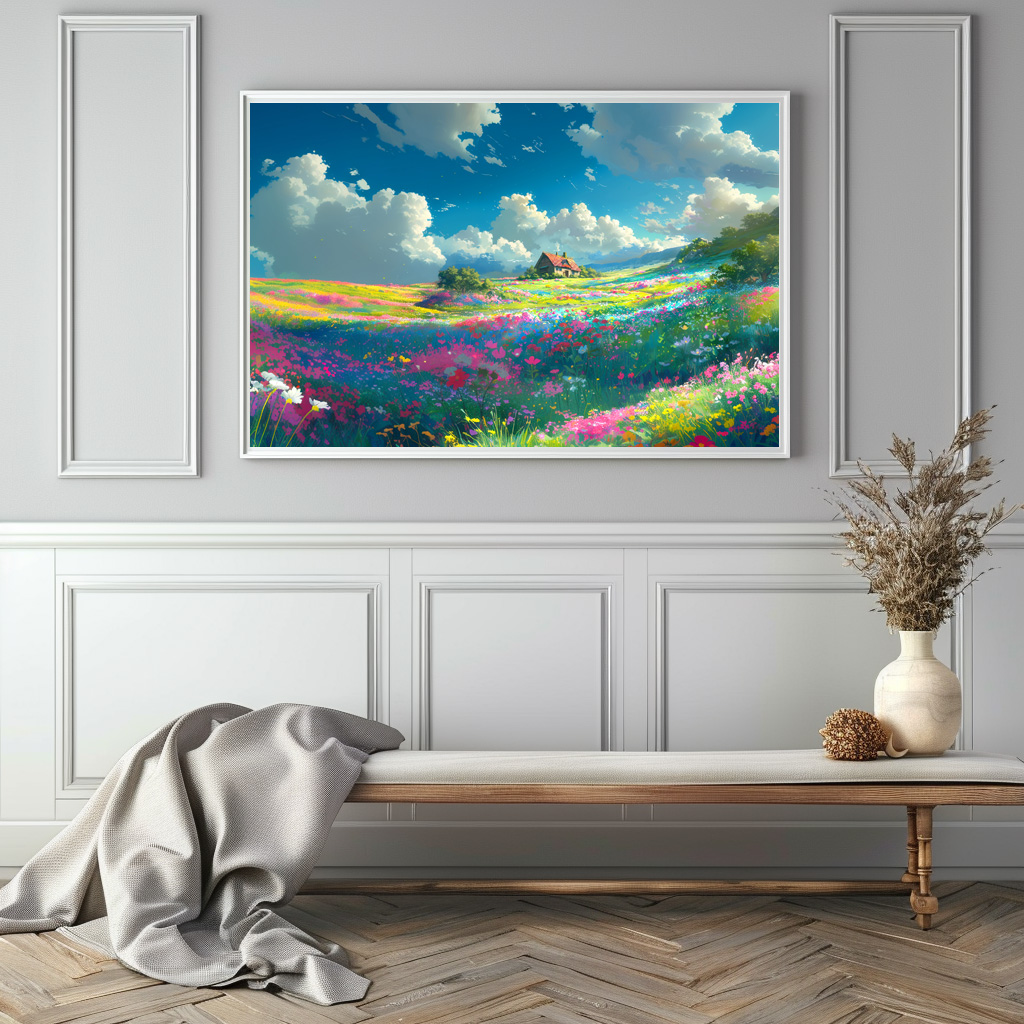 Poster: Weites Blumental mit Wolken - Anime Stil – Bild 2