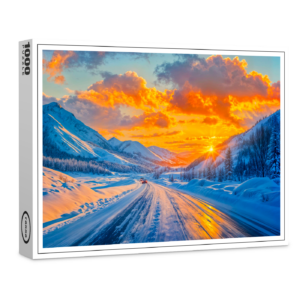 raxxa Premium-Puzzle: Roads at Sunset in Winter Through Mountains