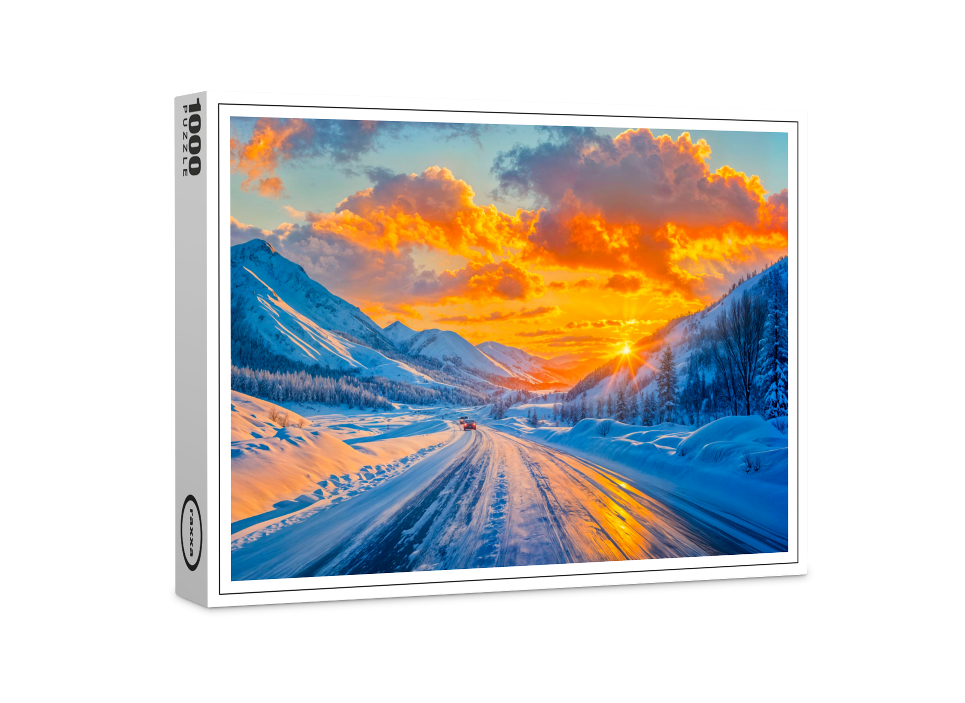 raxxa Premium-Puzzle: Roads at Sunset in Winter Through Mountains