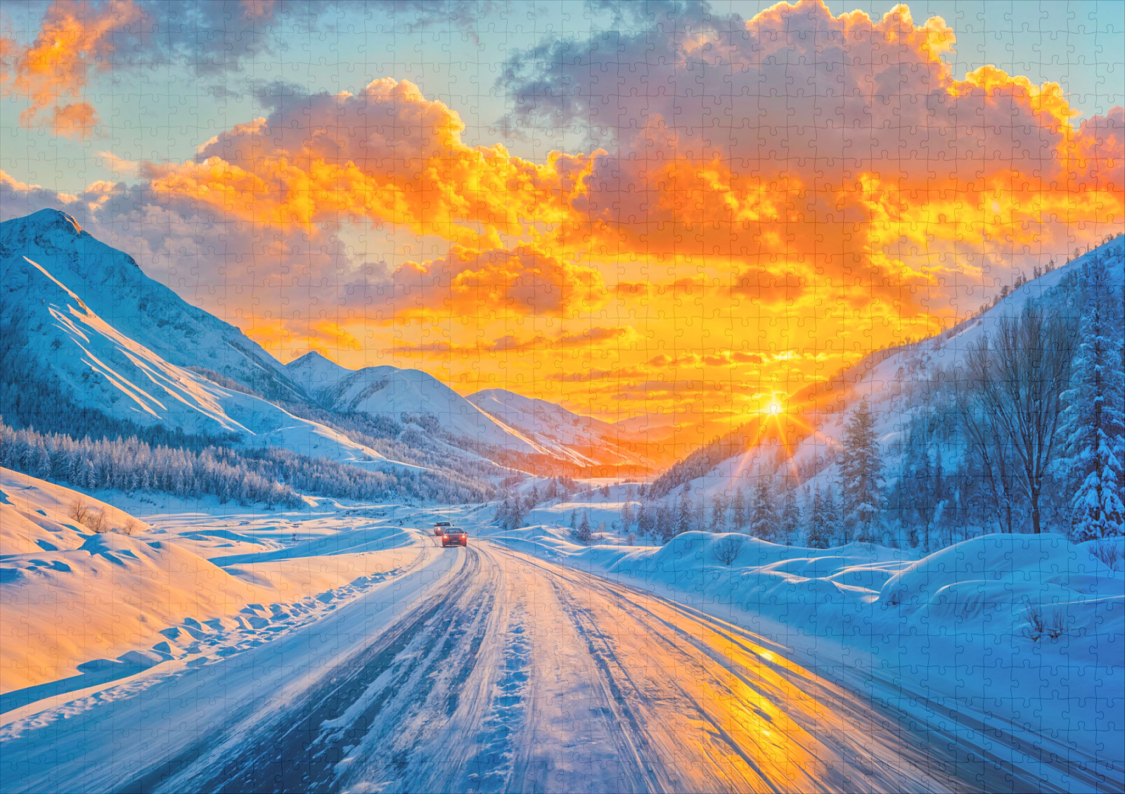 raxxa Premium-Puzzle: Roads at Sunset in Winter Through Mountains - immagine 2