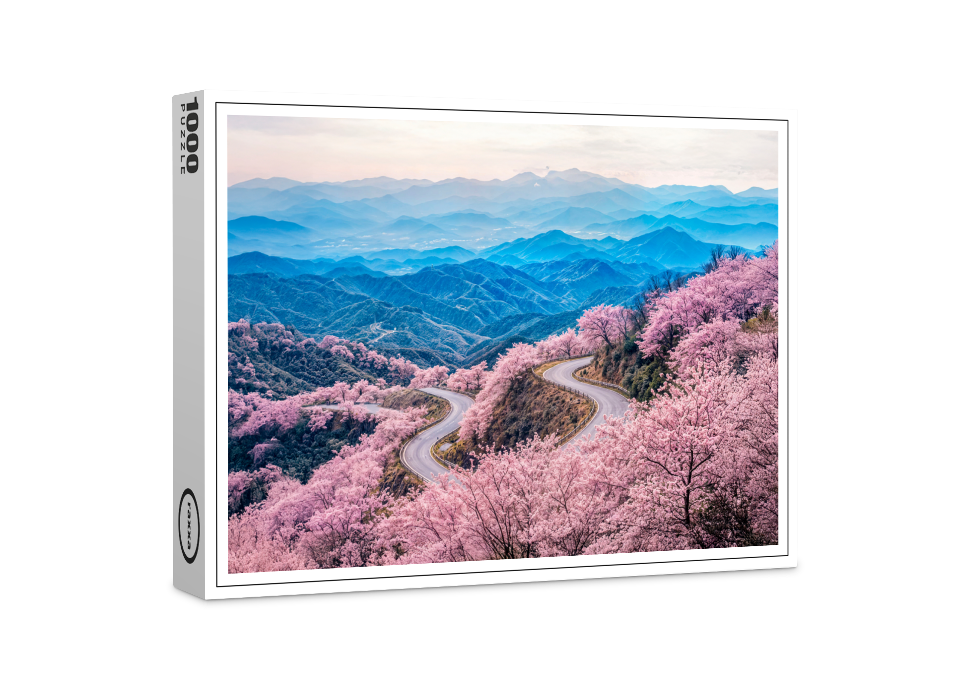 raxxa Premium-Puzzle: Roads Through Mountain Landscape with Blooming Cherry Trees