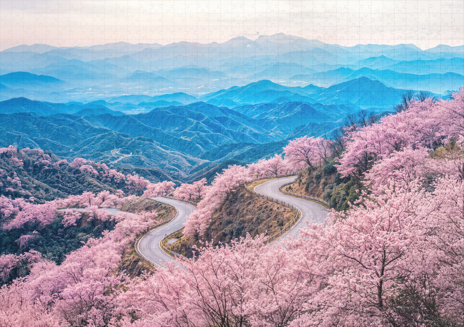 raxxa Premium-Puzzle: Roads Through Mountain Landscape with Blooming Cherry Trees – Image 2