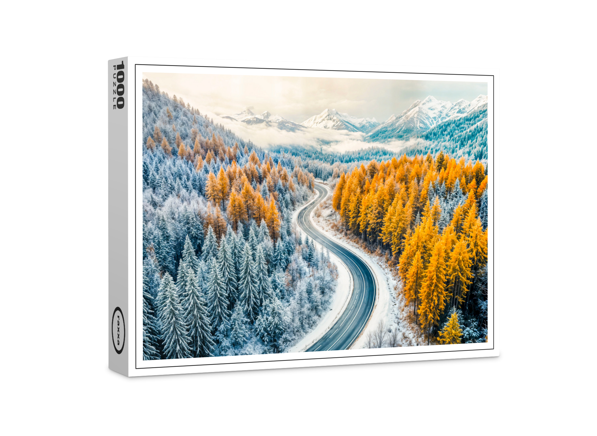 raxxa Premium-Puzzle: Winter Roads Through Mountain Forest with Orange Larches