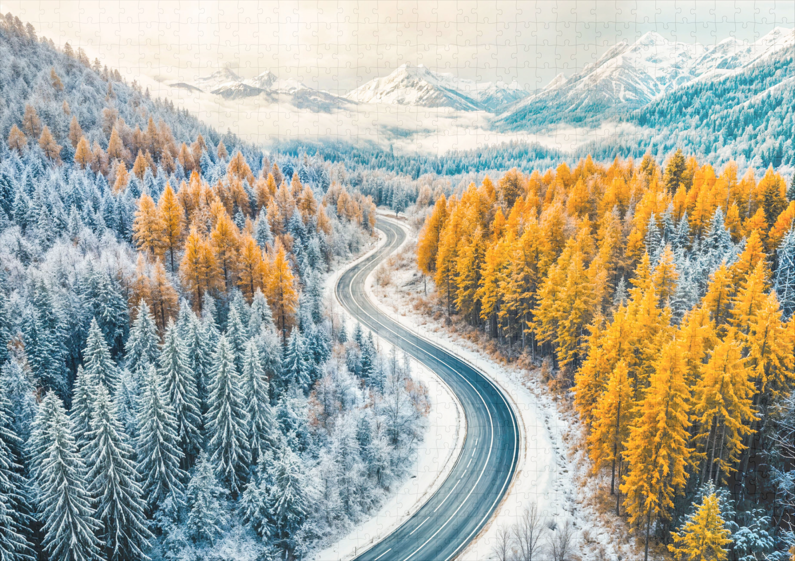 raxxa Premium-Puzzle: Winter Roads Through Mountain Forest with Orange Larches - immagine 2