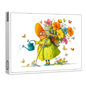 raxxa Premium-Puzzle: Funny illustration of grandma gardening with flowers