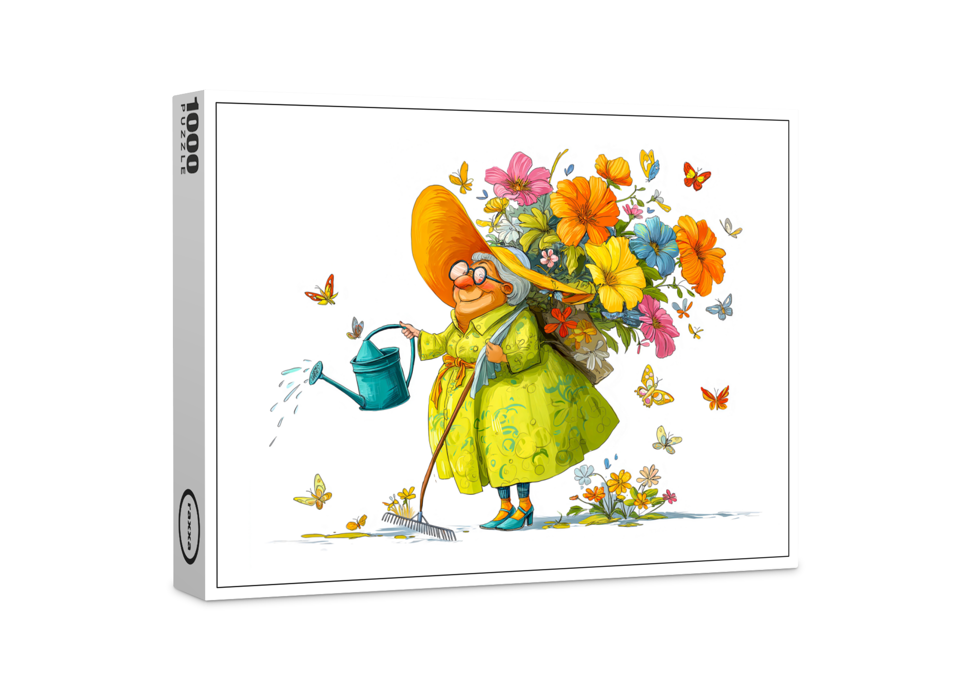 raxxa Premium-Puzzle: Funny illustration of grandma gardening with flowers