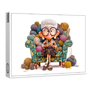 raxxa Premium-Puzzle: Elderly woman knitting happily surrounded by yarn balls