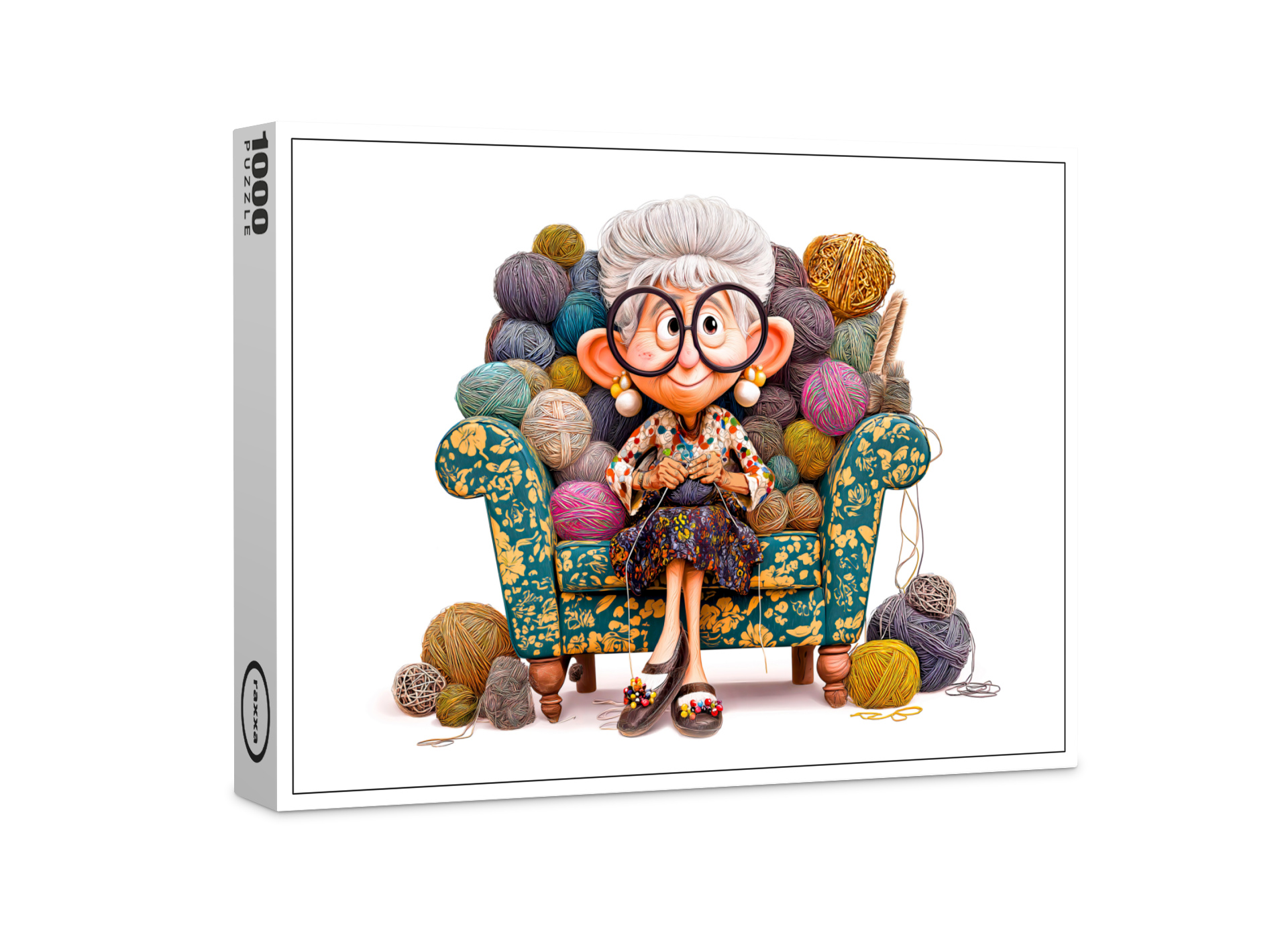 raxxa Premium-Puzzle: Elderly woman knitting happily surrounded by yarn balls