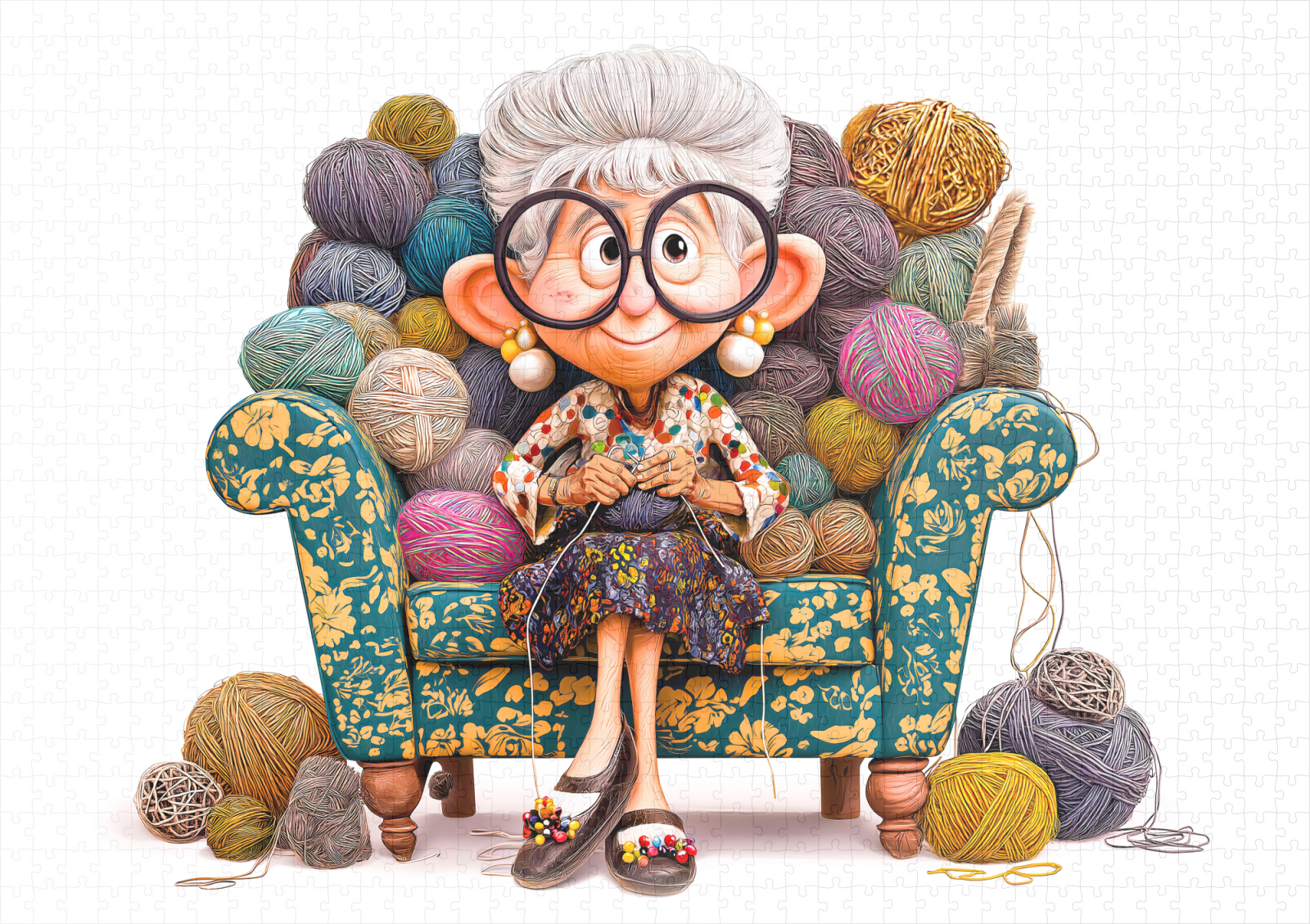 raxxa Premium-Puzzle: Elderly woman knitting happily surrounded by yarn balls – Image 2