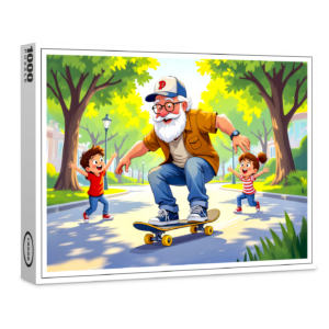 raxxa Premium-Puzzle: Grandpa practicing skateboarding with grandson watching