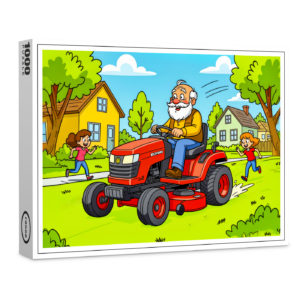 raxxa Premium-Puzzle: Grandpa mowing the lawn on a ride-on tractor