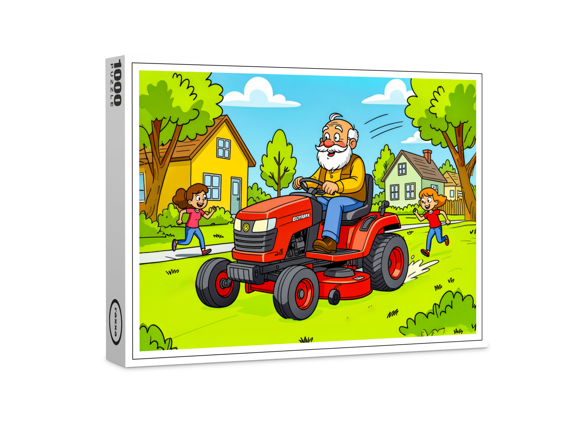 raxxa Premium-Puzzle: Grandpa mowing the lawn on a ride-on tractor