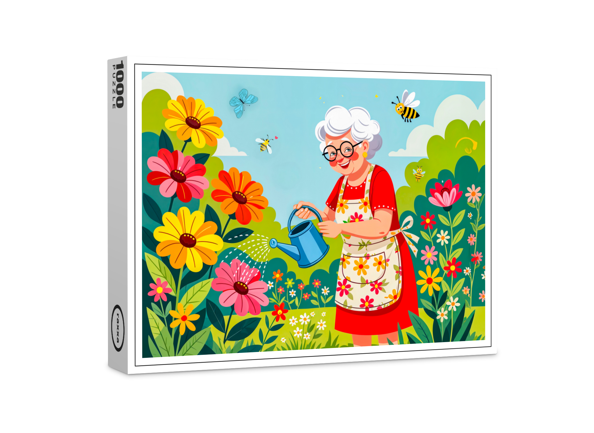 raxxa Premium-Puzzle: Grandmother Watering Garden Illustration