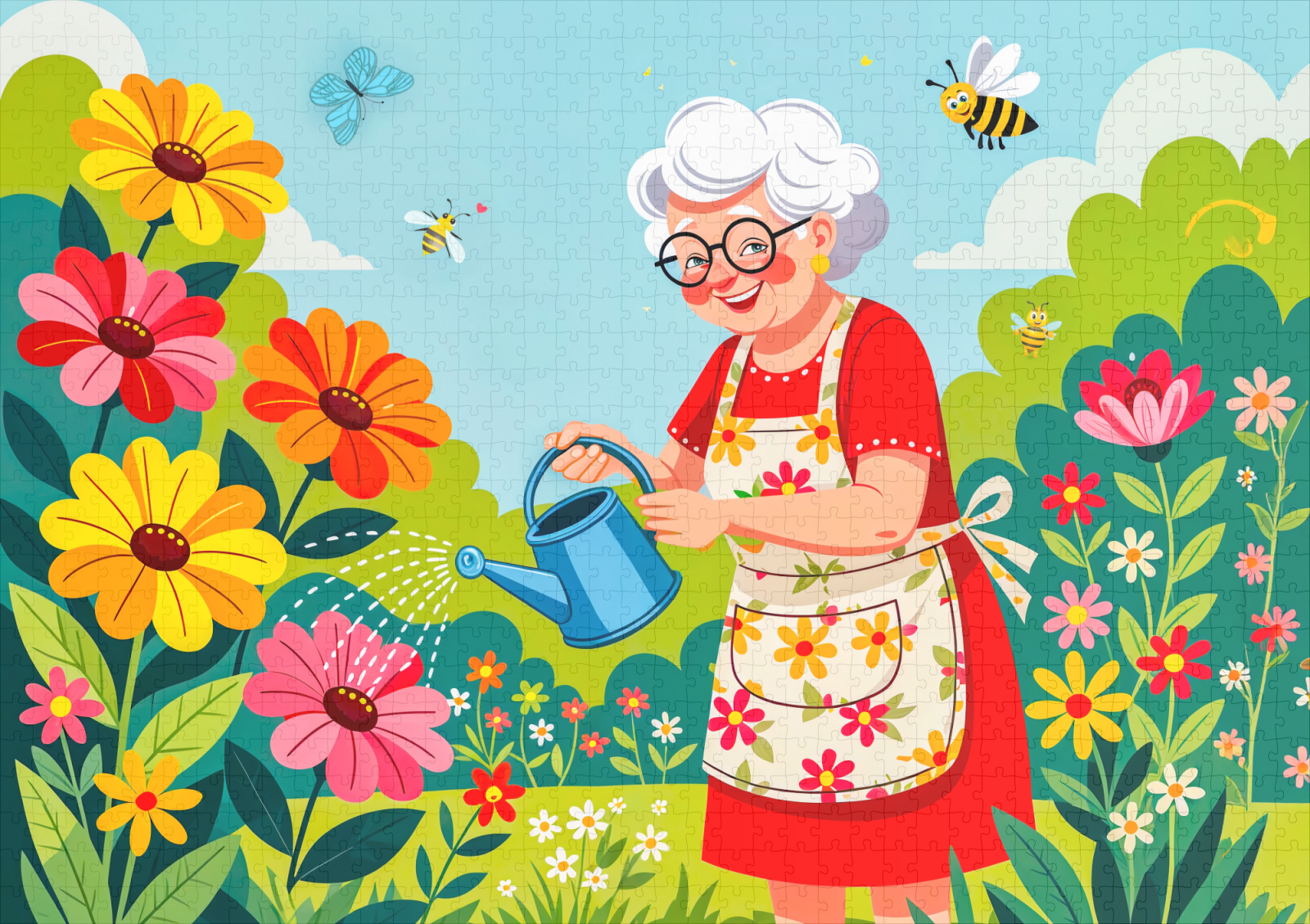 raxxa Premium-Puzzle: Grandmother Watering Garden Illustration – Bild 2