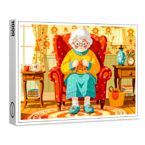raxxa Premium-Puzzle: Grandmother knitting in Armchair – Illustration