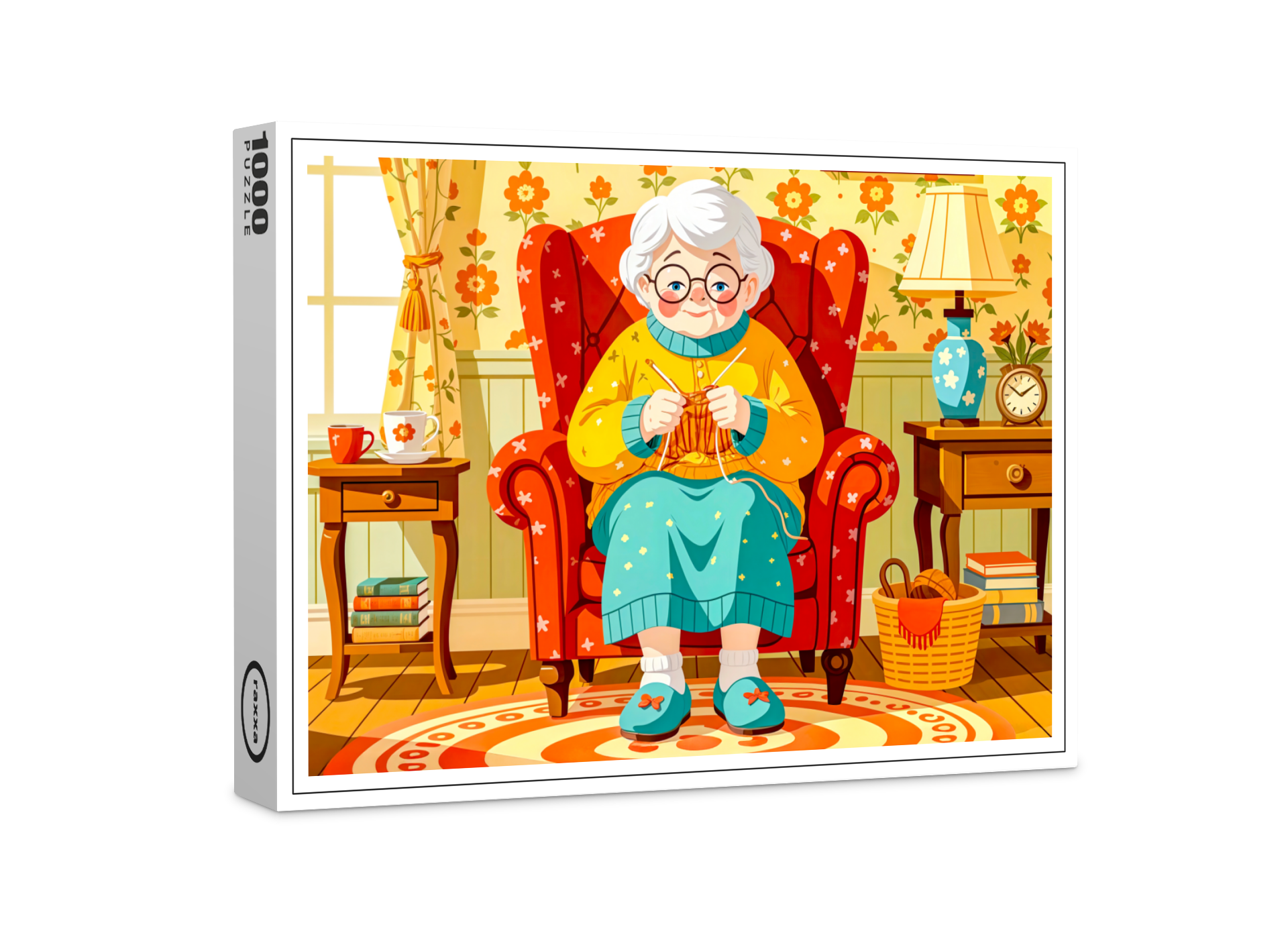 raxxa Premium-Puzzle: Grandmother knitting in Armchair – Illustration
