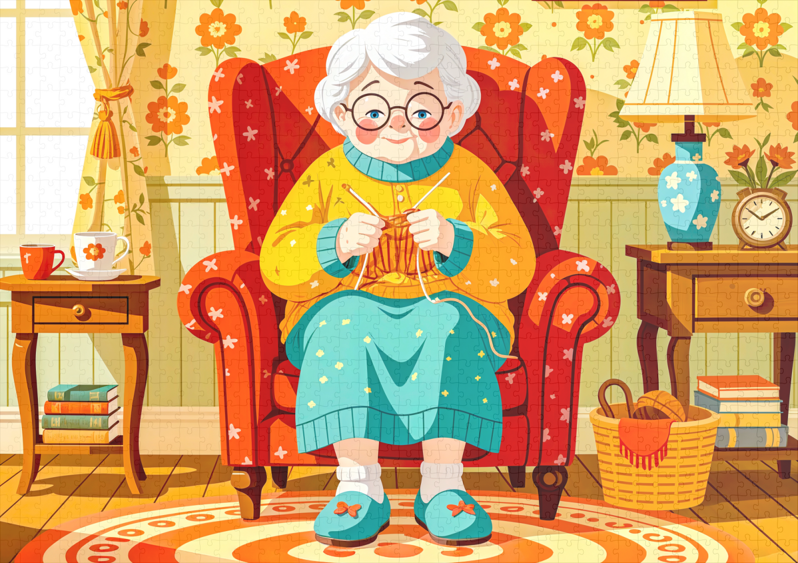 raxxa Premium-Puzzle: Grandmother knitting in Armchair – Illustration – Image 2
