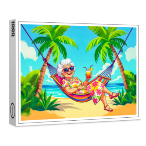 raxxa Premium-Puzzle: Grandmother in Hammock with Cocktail Illustration