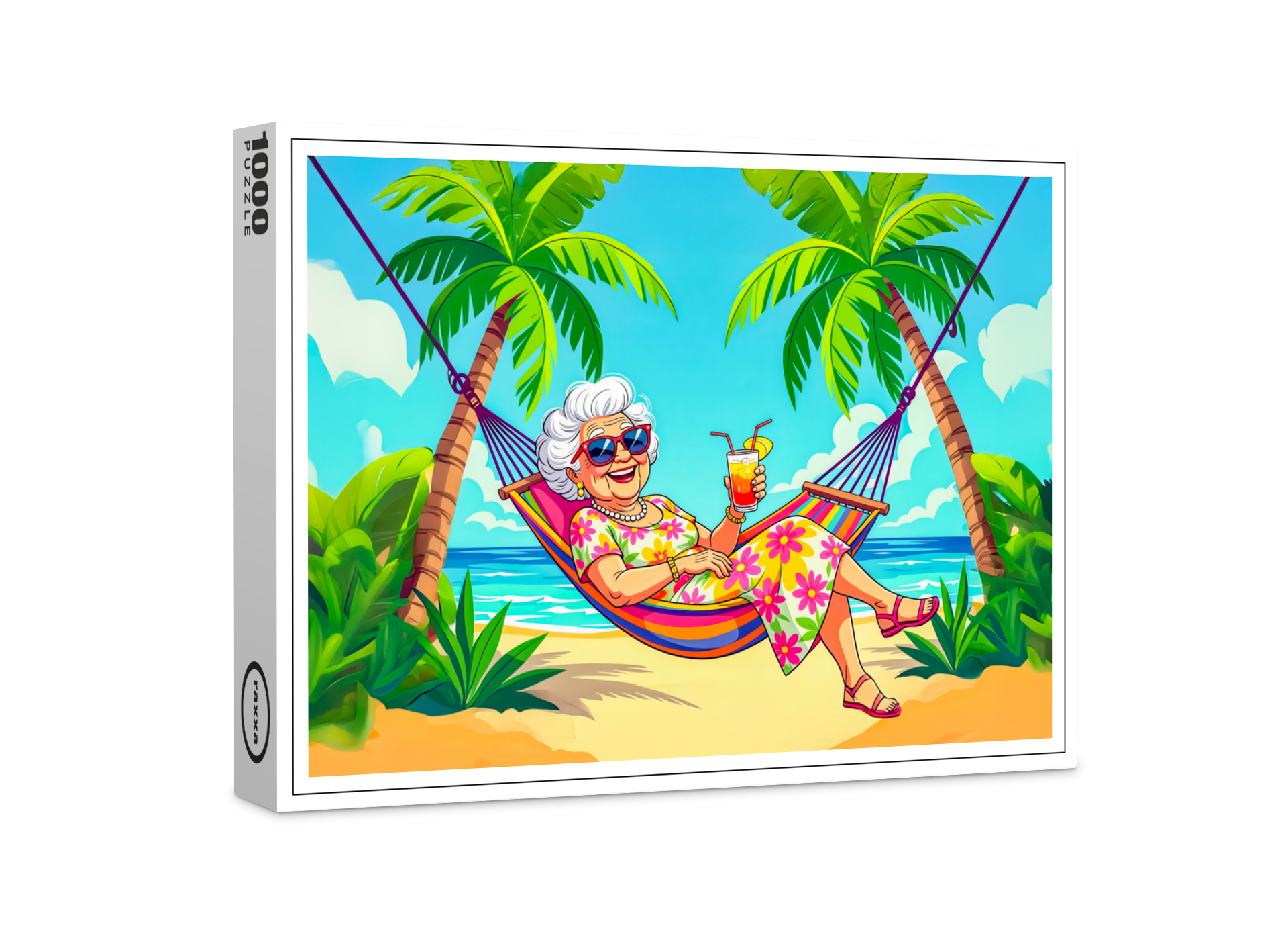 raxxa Premium-Puzzle: Grandmother in Hammock with Cocktail Illustration