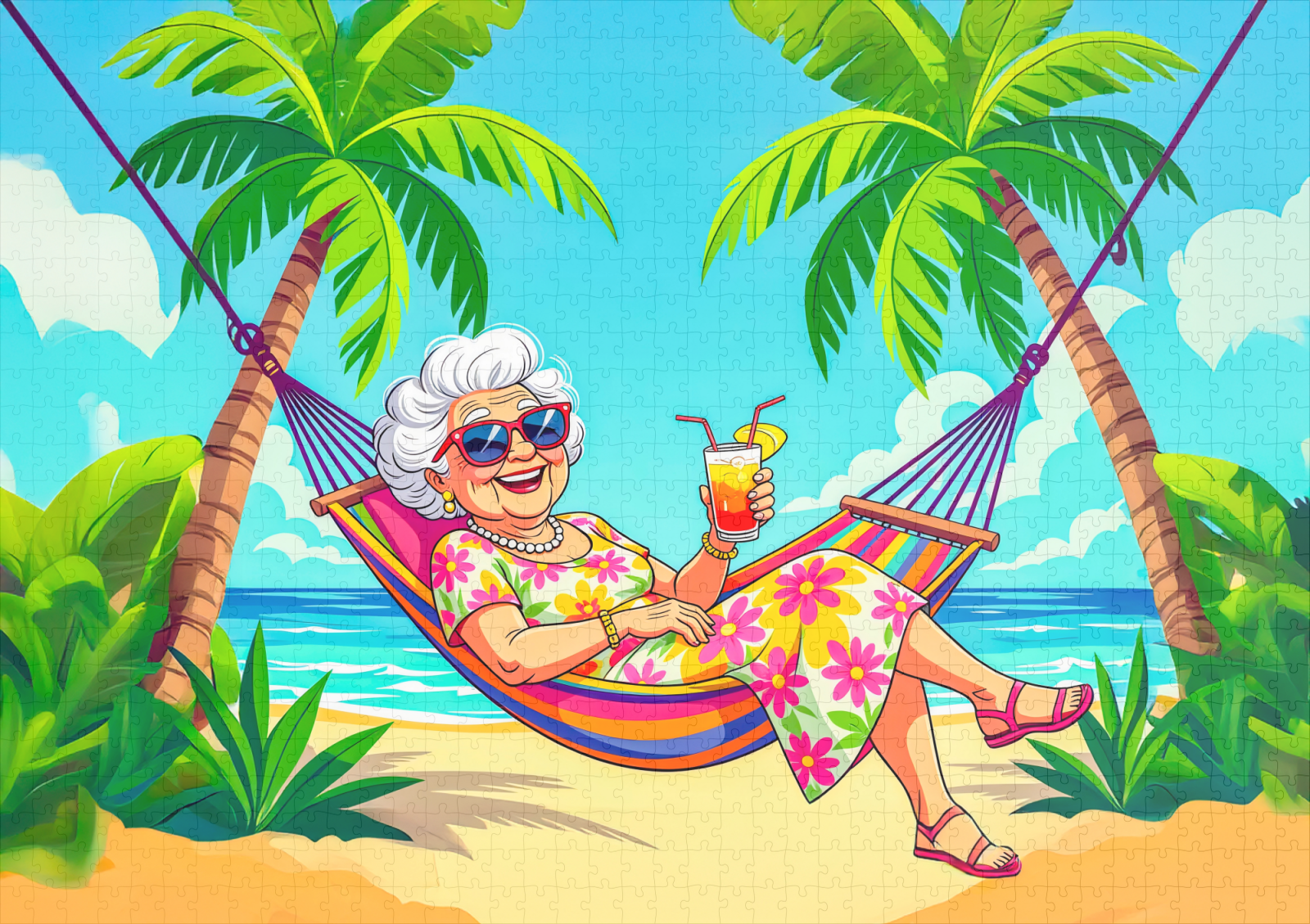 raxxa Premium-Puzzle: Grandmother in Hammock with Cocktail Illustration – Image 2