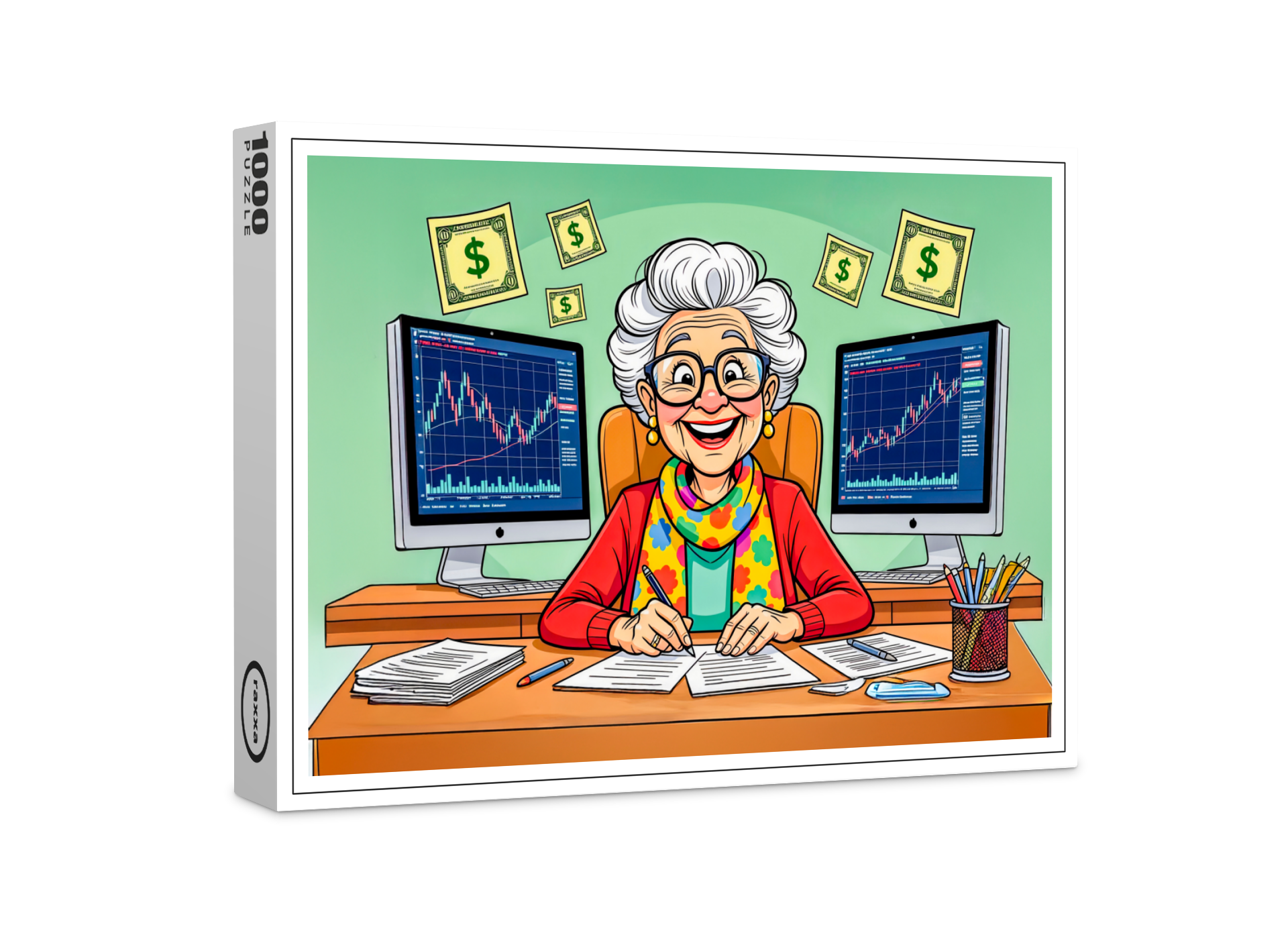 raxxa Premium-Puzzle: Grandmother Stock Trading Illustration
