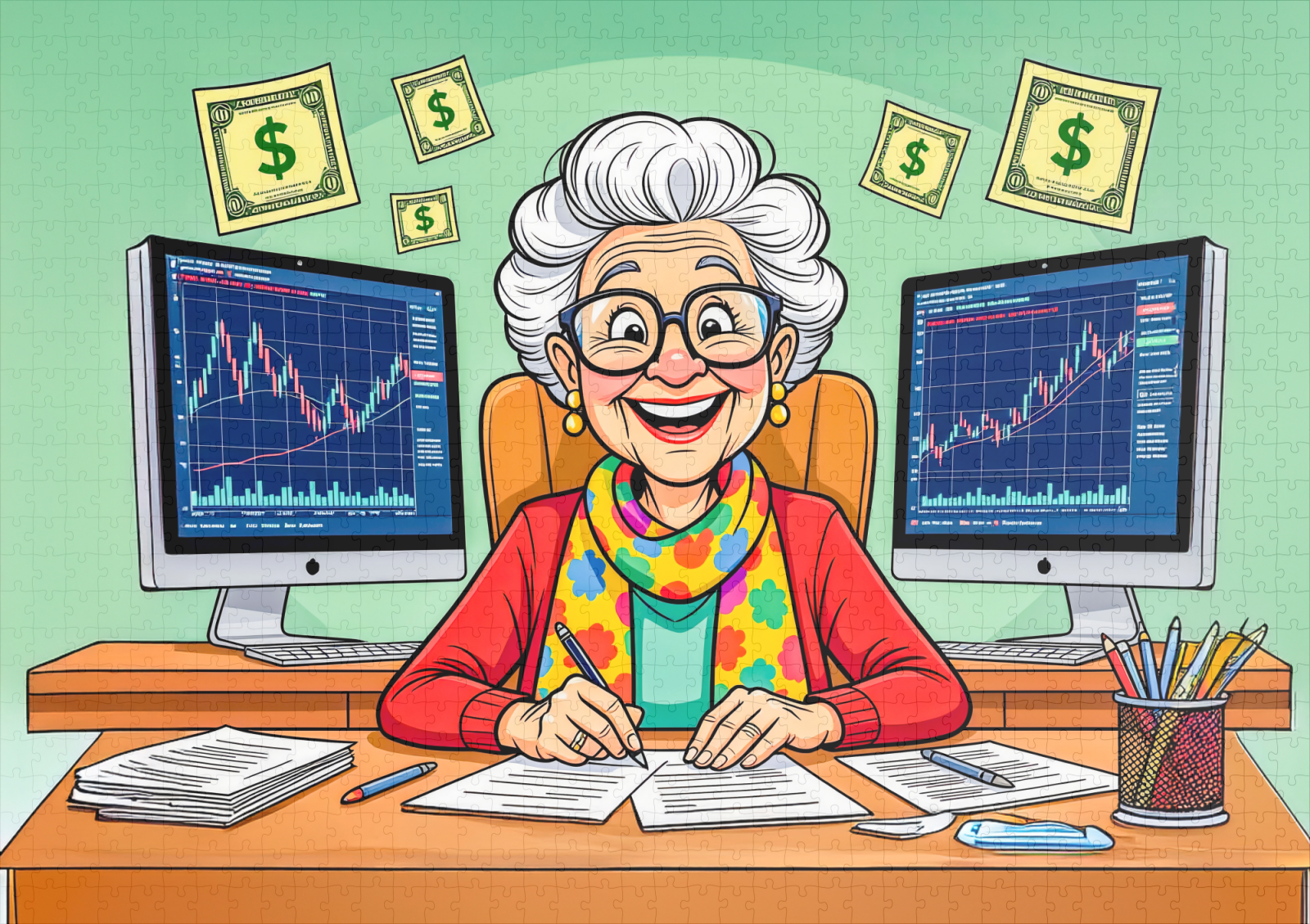 raxxa Premium-Puzzle: Grandmother Stock Trading Illustration – Image 2
