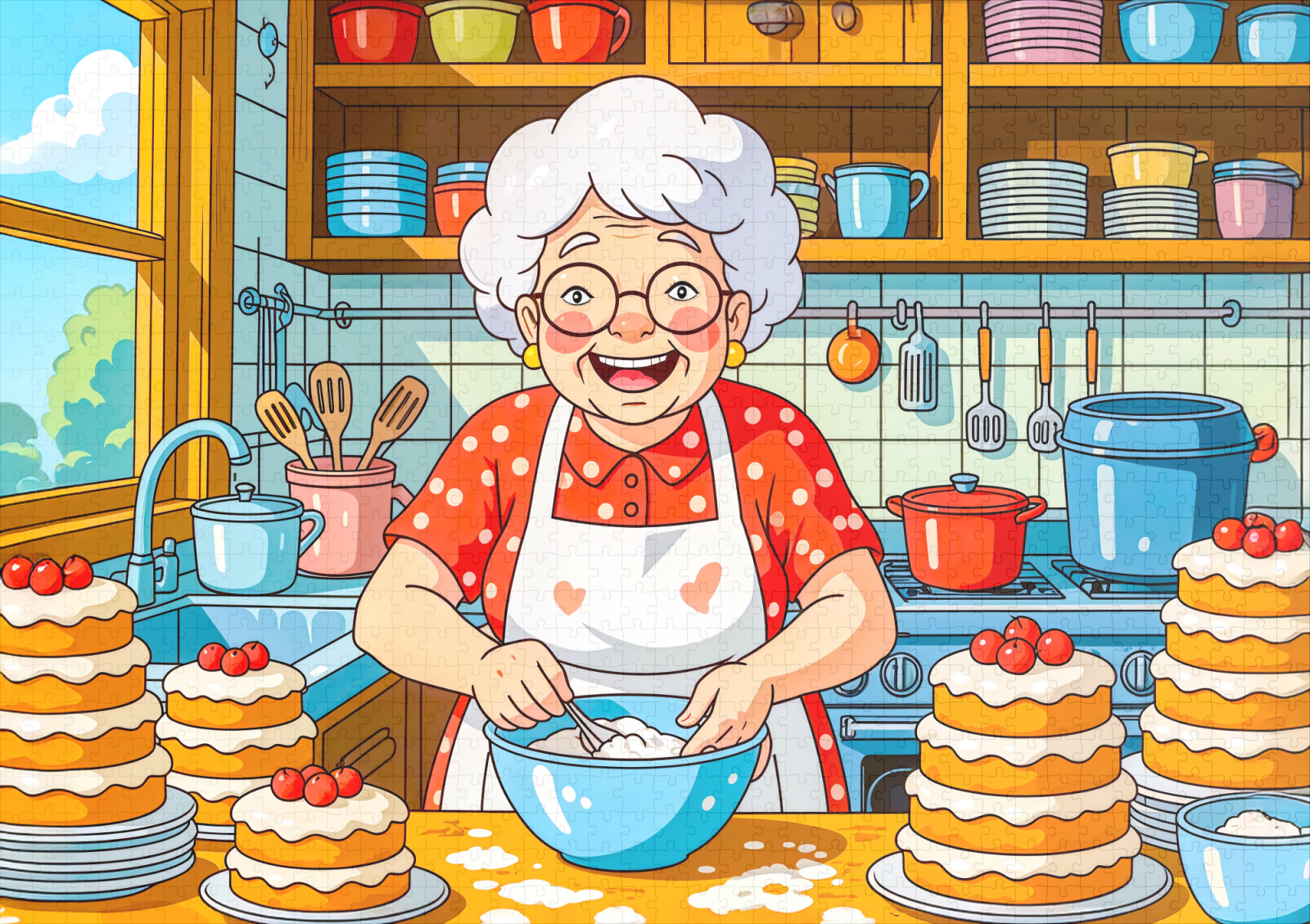 raxxa Premium-Puzzle: Grandmother Cooking Pancakes Illustration - Image 2