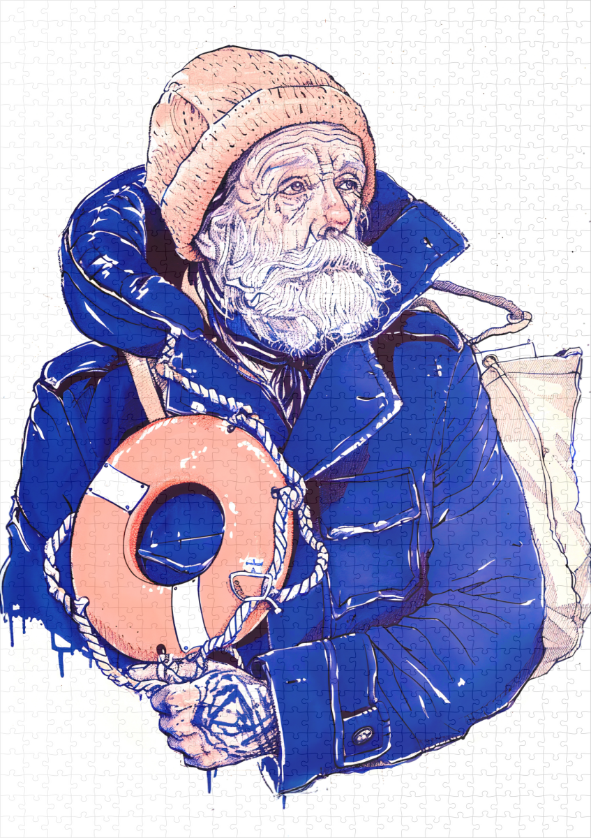 raxxa Premium-Puzzle: Sailor Holding Lifebuoy Wearing Orange Knit Cap - Image 2