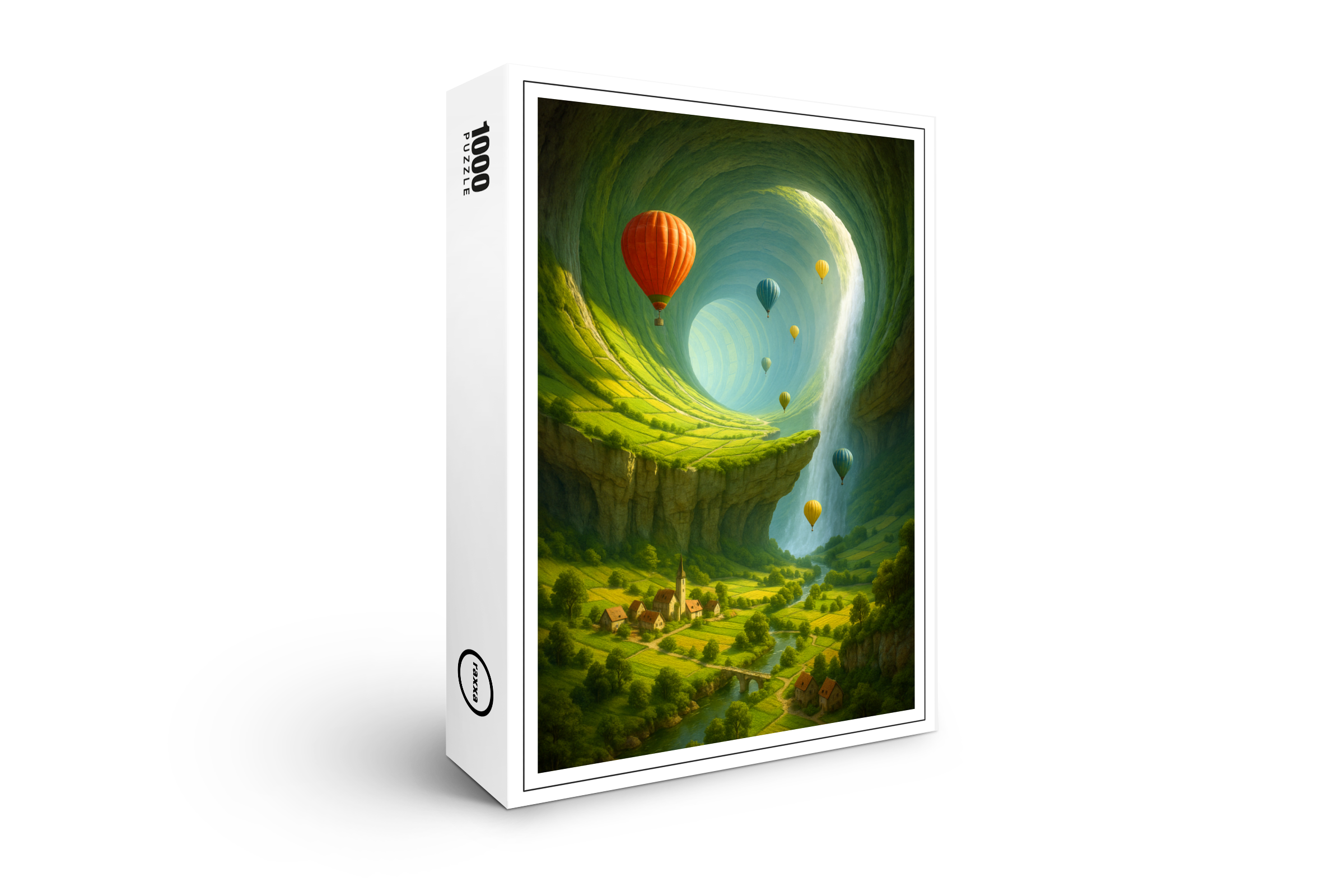 raxxa Premium-Puzzle: Tunnel-Tal mit Heißluftballons und Wasserfall