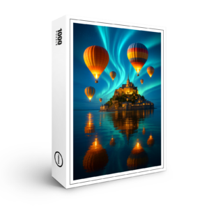 raxxa Premium-Puzzle: Leuchtende Ballons und Polarlichter über einer Burg im Wasser
