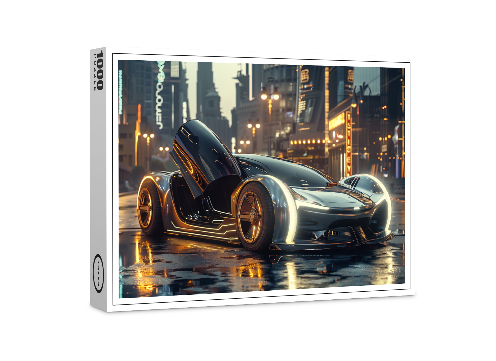 raxxa Premium-Puzzle: Futuristisches Luxusauto in Neonstadt