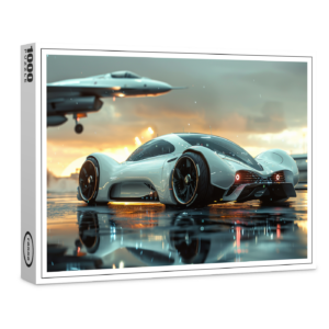 raxxa Premium-Puzzle: Weißes Zukunftsauto mit Jet im Hintergrund - Aerodynamik trifft Luxus