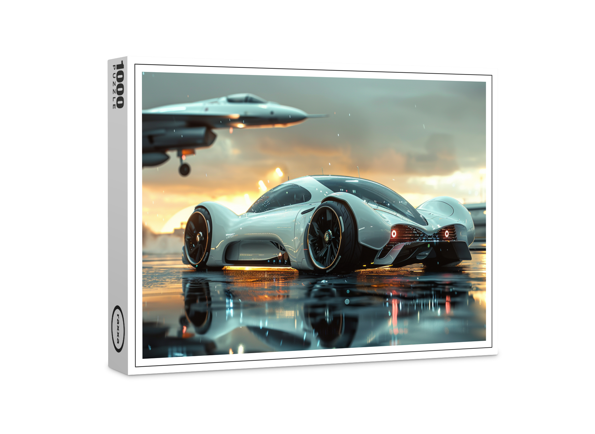 raxxa Premium-Puzzle: Weißes Zukunftsauto mit Jet im Hintergrund - Aerodynamik trifft Luxus