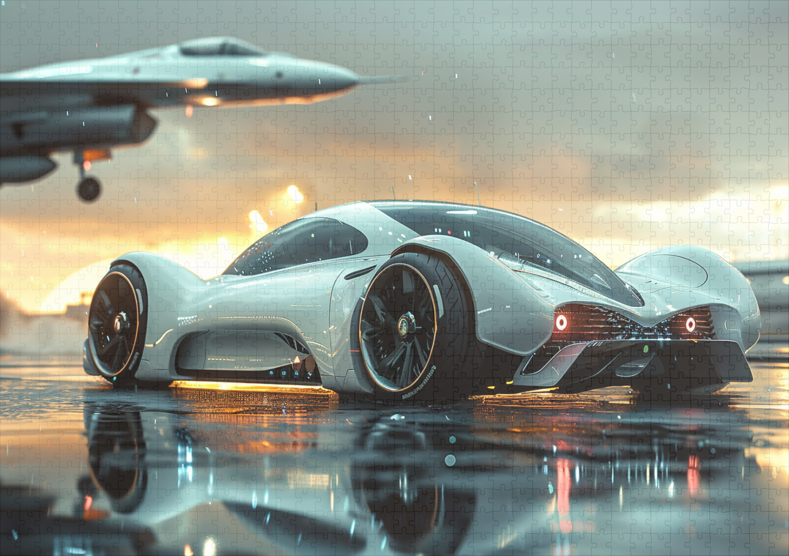 raxxa Premium-Puzzle: Weißes Zukunftsauto mit Jet im Hintergrund - Aerodynamik trifft Luxus – Bild 2