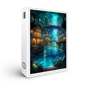 raxxa Premium-Puzzle: Leuchtende Wasserstadt im Verborgenen Wald - Anime Stil