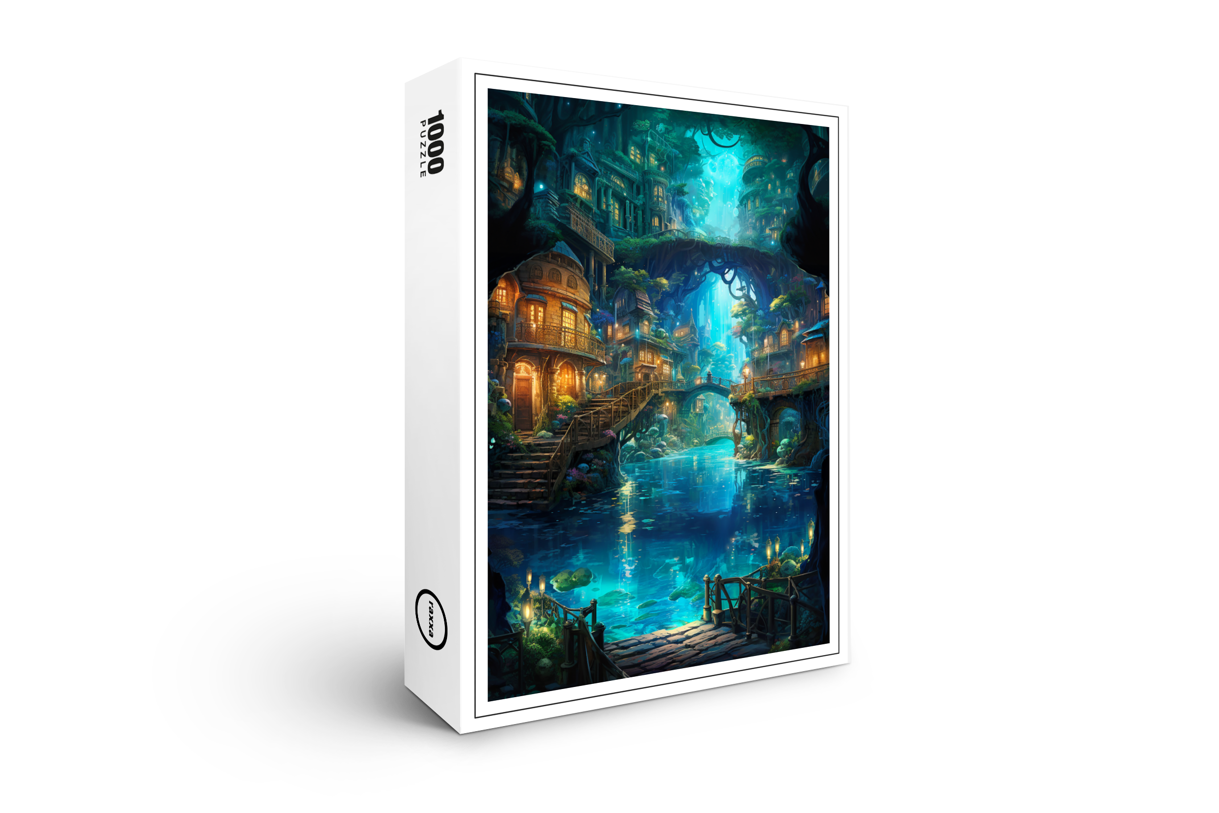 raxxa Premium-Puzzle: Leuchtende Wasserstadt im Verborgenen Wald - Anime Stil