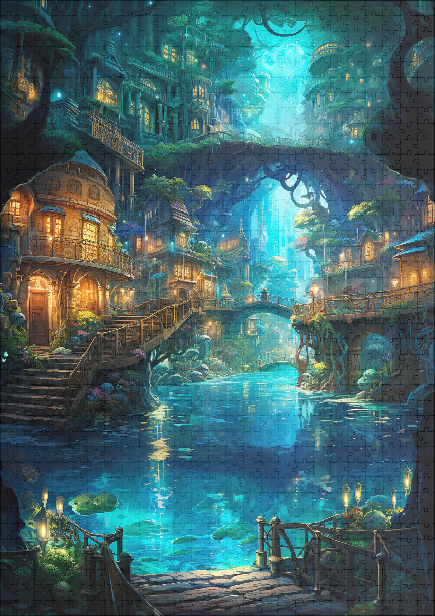 raxxa Premium-Puzzle: Leuchtende Wasserstadt im Verborgenen Wald - Anime Stil – Bild 2
