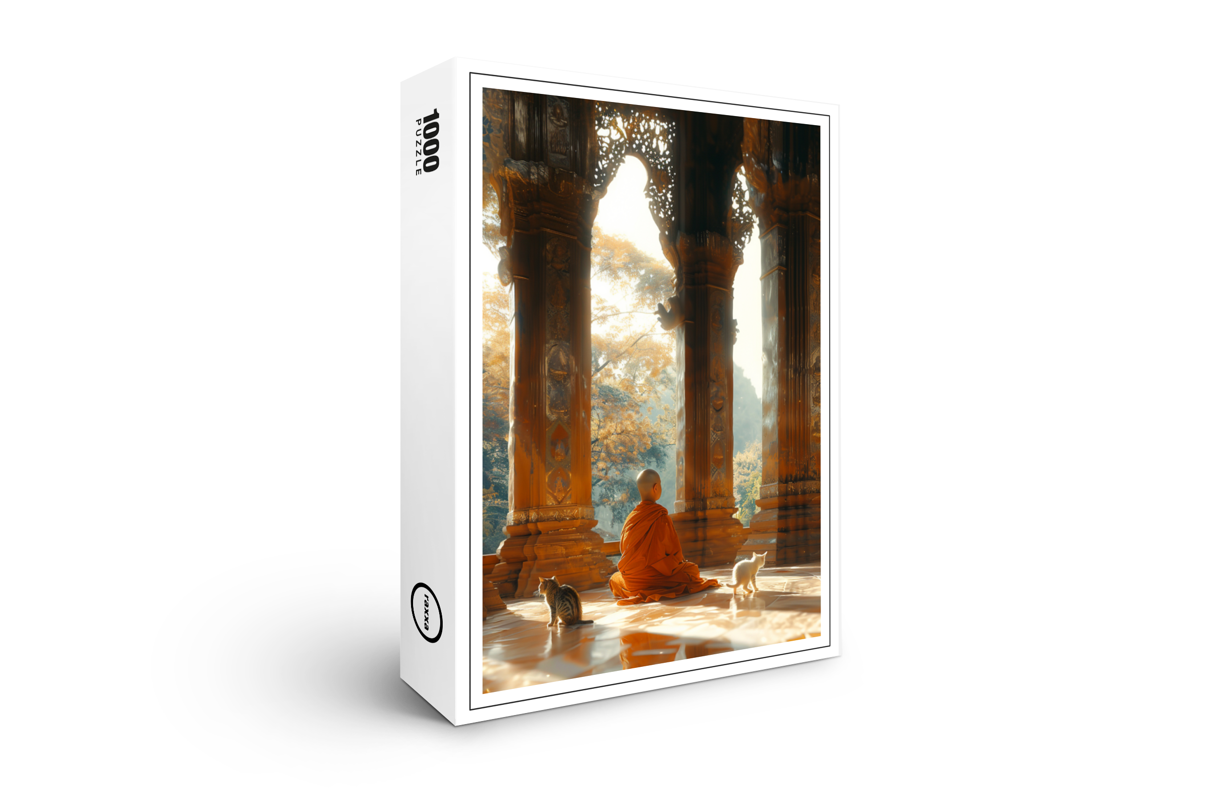 raxxa Premium-Puzzle: Stille Meditation im Tempel mit Katzen - buddhistischer Mönch