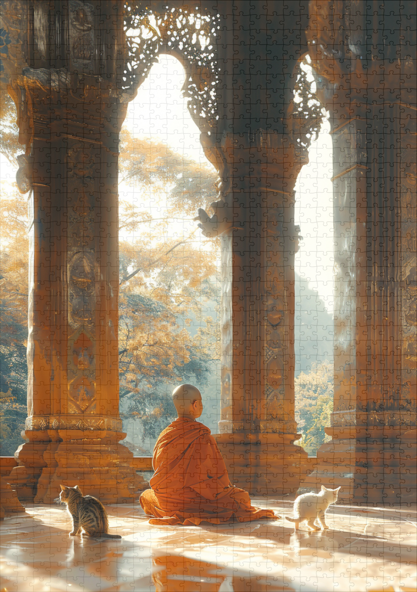 raxxa Premium-Puzzle: Stille Meditation im Tempel mit Katzen - buddhistischer Mönch - Image 2