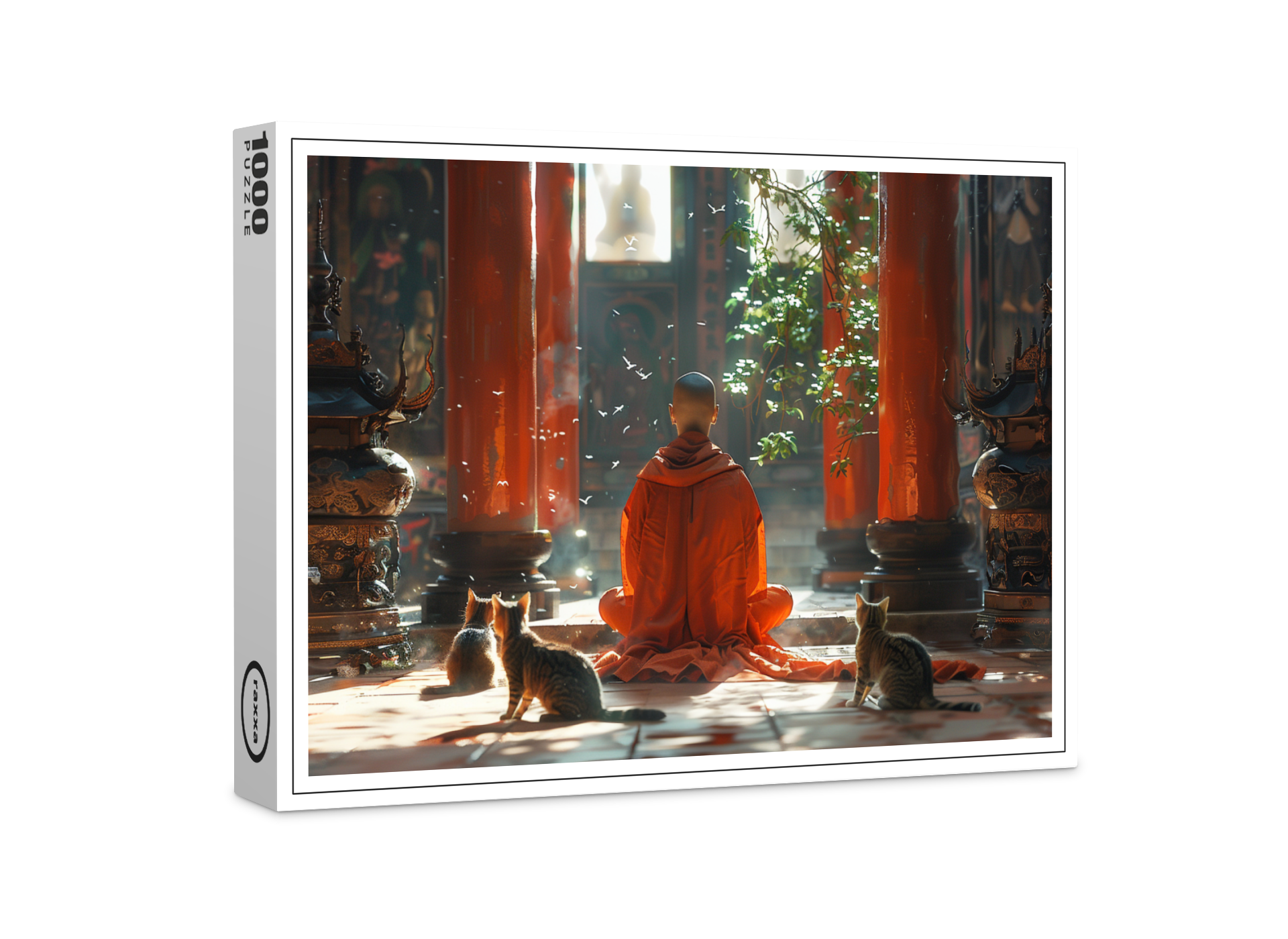 raxxa Premium-Puzzle: Buddhistischer Mönch in Meditation mit Katzen