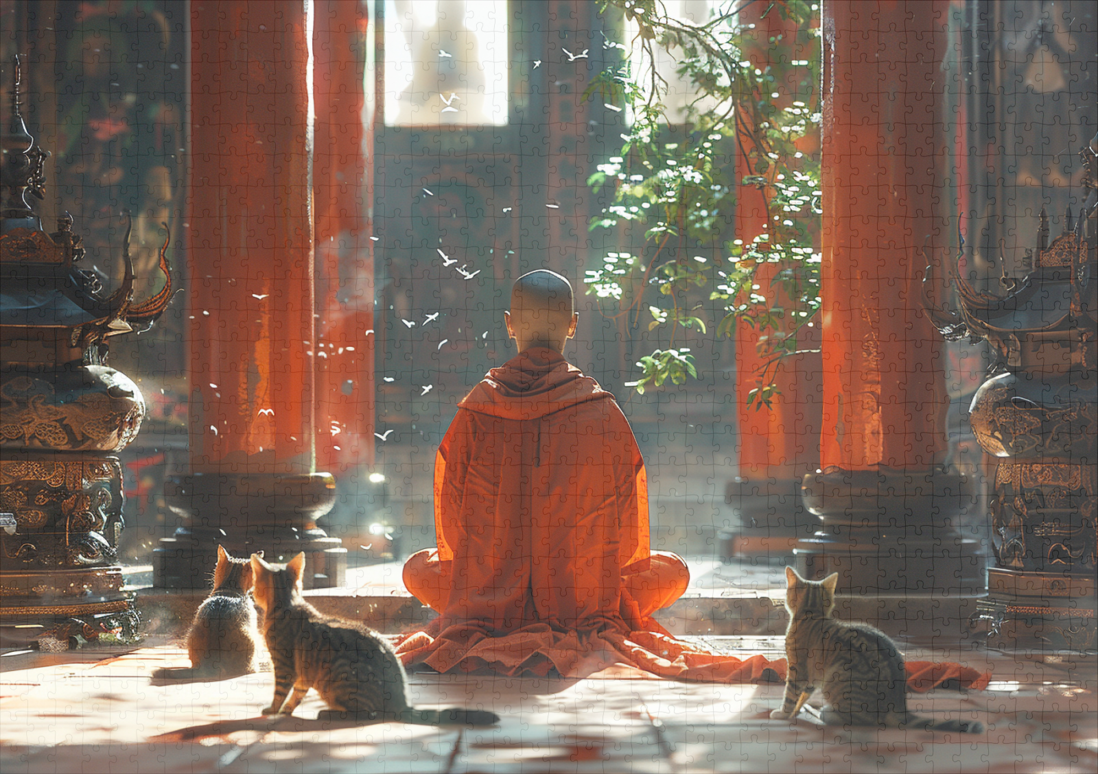 raxxa Premium-Puzzle: Buddhistischer Mönch in Meditation mit Katzen - immagine 2