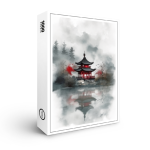 raxxa Premium-Puzzle: Roter Tempel im Nebel - japanische Tuschezeichnung